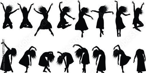 Dancing woman silhouette set expressive modern dance poses jumping movement freedom illustration isolated