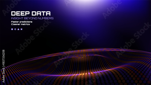 Deep data insight beyond numbers presentation background with particle wave. Faster predictions and cleaner metrics digital visualization.