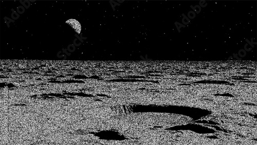Moon with star field over lunar surface. Black and white space landscape with craters and starry sky. Vector background for astronomy, science.