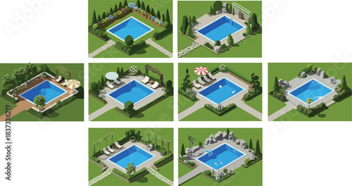 Isometric swimming pool design set backyard landscape garden luxury poolside outdoor recreation illustration collection isolated