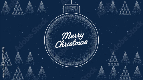 Christmas ornament with merry Christmas text and dotted tree pattern background. winter holiday season card. New Year greetings.