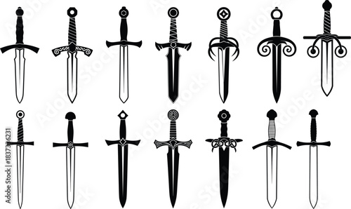 Medieval sword silhouette collection fantasy weapons ancient blades knight weapon design historical vector illustration isolated