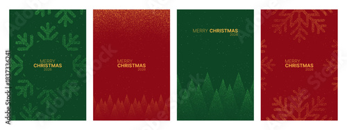 Set of four Merry Christmas minimal glitter vector design cards. Winter holiday celebration invitation with snowflake, tree, and festive elements.