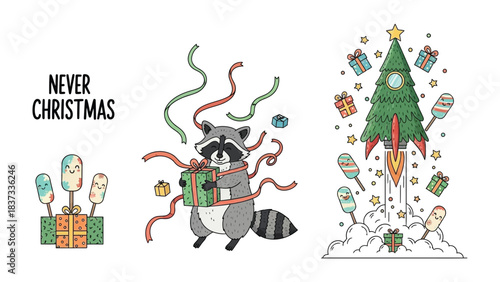 Christmas Cartoon Elements: Whimsical illustrations, featuring a playful raccoon holding a present amidst festive ribbons, a rocket-shaped Christmas tree ascending amidst stars.