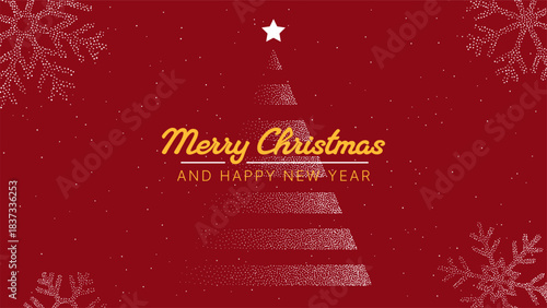 Merry Christmas and Happy New Year greeting card with abstract dotted tree and snowflakes on red background. Holiday design.