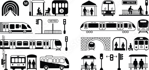 Large black and white icon collection of public transport vehicles, including metro, subway, train, tram, and bus stations with passengers and traffic elements.