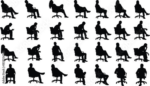 People sitting office chair silhouette set business waiting postures seated men women illustration isolated