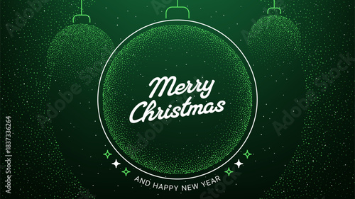 Merry Christmas and Happy New Year greeting card with decorative green bauble vector illustration for holiday season celebration banner background design.