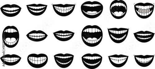 Mouth Expressions in Black and White Style for Character Design, Animation, Comics, and Facial Emotion Illustration