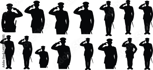 Military Salute Silhouettes Featuring Uniformed Soldiers with Swords and Batons for Patriotic, Ceremonial, and Respectful Design Themes