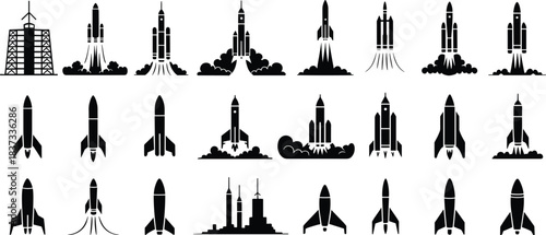 Rocket and Launch Platform Silhouettes Depicting Flight Stages and Pad Designs for Aerospace, Education, and Tech Illustration Projects