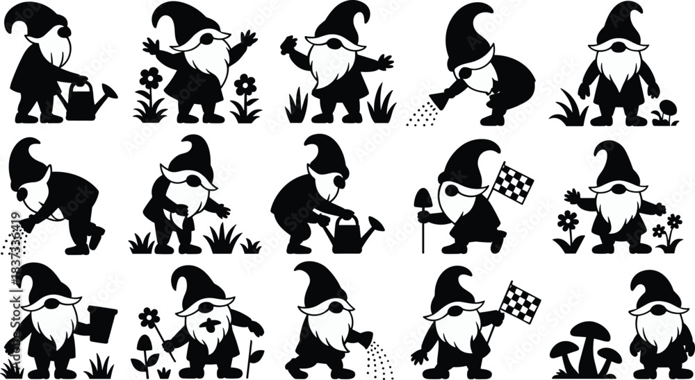 Naklejka premium Collection of garden gnome silhouettes featuring cute characters watering plants, planting seeds, gardening tools, flowers, and mushrooms for whimsical illustration and creative projects