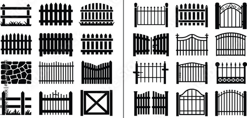 Collection of fence and gate silhouettes featuring wooden pickets, metal designs, garden borders, and decorative barriers for landscaping, architecture, construction, and design projects