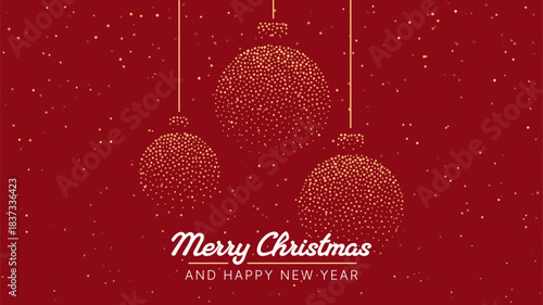 Golden speckled Christmas bauble ornaments on a red background with Merry Christmas and Happy New Year message for holiday greeting card design.