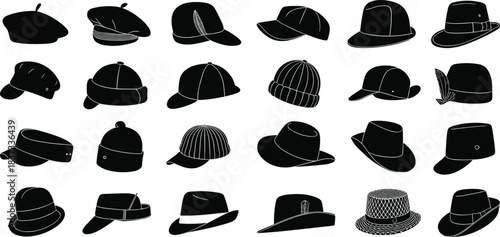 Collection of hat silhouettes featuring caps, beanies, berets, fedoras, bucket hats, and various headwear styles for fashion illustration, design projects, and creative use