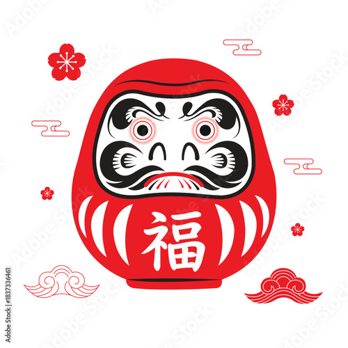 Red Japanese Daruma Doll Vector with Fuku Good Fortune Character