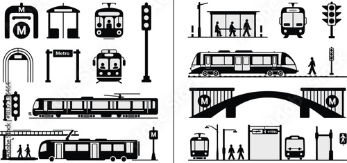 Collection of metro transport icons featuring trains, buses, stations, tunnels, traffic lights, and passengers for urban transit design, signage, and illustration projects