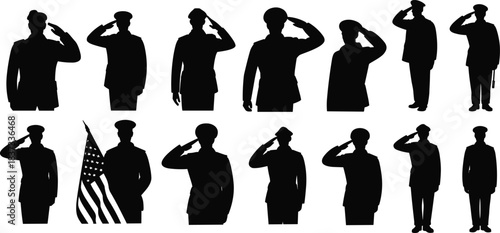 Collection of military saluting silhouettes featuring soldiers, officers, uniforms, and patriotic poses for armed forces design, commemorative artwork, and illustration projects