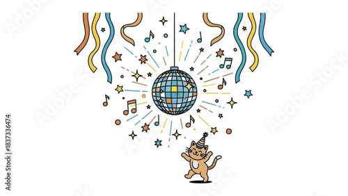 Party Time: A lively illustration of a disco ball shedding light and music, a playful celebration of a party.