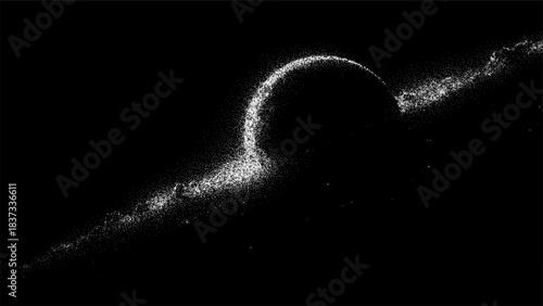 Planet with glowing particles in space. Astronomical object with a bright dust ring in the dark universe. Cosmic background for science and technology concept.