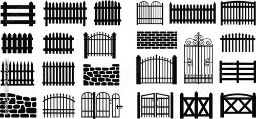 Fence and Gate Silhouettes Featuring Wood, Metal, and Stone Designs for Architecture, Landscaping, and Exterior Design Projects