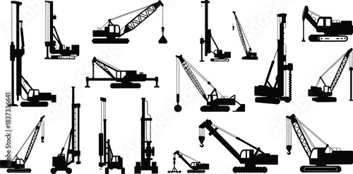 Heavy Construction Machinery Featuring Pile Drivers and Cranes for Foundation Engineering, Industrial Projects, and Structural Design Themes