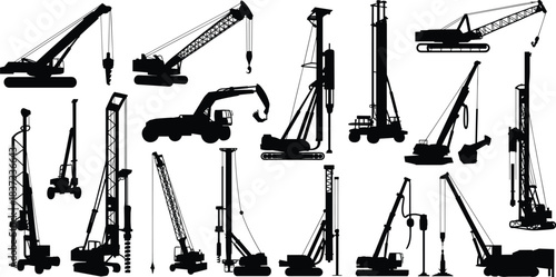 Heavy Construction Equipment Featuring Cranes and Drilling Rigs for Civil Engineering, Foundation Work, and Industrial Design Projects
