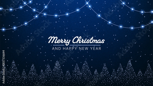 Blue Merry Christmas background with hanging string light and sparkly tree silhouettes. Modern holiday greeting card design for New Year celebration.