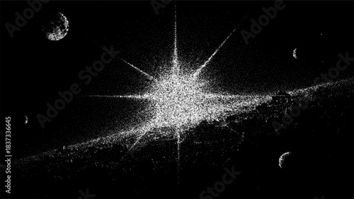 Abstract space background with a bright star and planets in black and white dotted style. Distant galaxy and cosmic landscape for science fiction design.