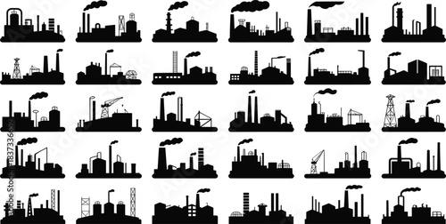 Industrial Building Silhouettes Featuring Factories, Oil Rigs, Cranes, and Storage Tanks for Urban, Manufacturing, and Engineering Design