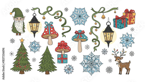 Festive Christmas Elements Collection: A collection of charming festive elements. Including gifts, an elf, a Christmas tree, and decorations, ideal for holiday-themed designs.