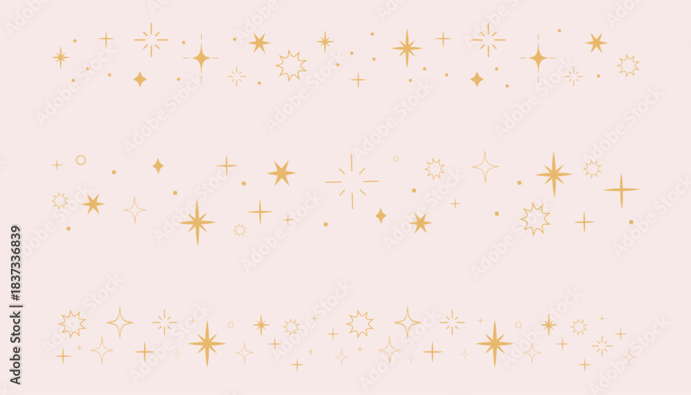 Obraz premium Celestial star border, set golden line sparkle divider, simple elegant ornament. Festive shiny space elements. Magic separator, spiritual decoration.
