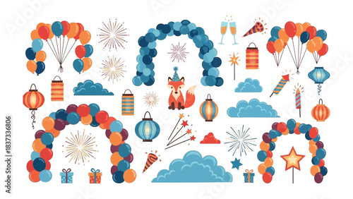 Festive Celebration Decorations: Vibrant assortment of party decorations including balloon arches, fireworks, lanterns, and other festive embellishments.