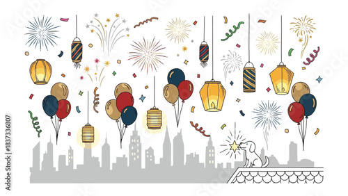 Festive New Year Celebration in the City: A captivating illustration captures the lively spirit of a New Year's celebration, showcasing fireworks, balloons.