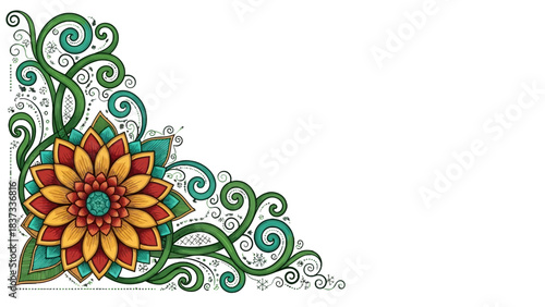 A decorative floral corner element with a stylized sunflower and swirling green vines.
