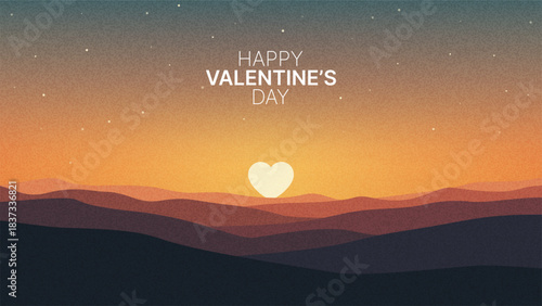 Happy Valentines Day text over mountain scape with heart sun. Valentine holiday greeting for banner, web design, flyer, poster.