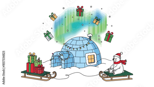 Holiday Igloo and Gifts: A cheerful scene unfolds with a charming igloo adorned with festive lights, complemented by a polar bear enjoying a sled ride and surrounding gifts.