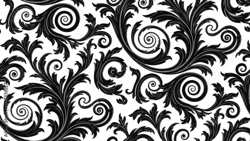A seamless pattern of intricate black baroque swirls and acanthus leaves on a white background.
