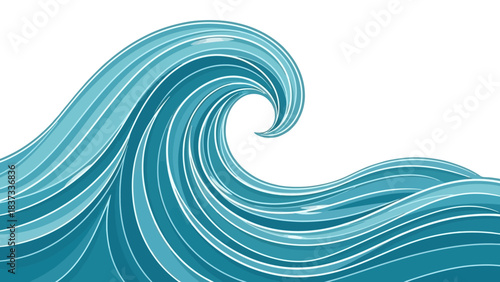 A stylized illustration of a large, curling ocean wave with multiple shades of blue and white.
