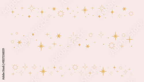 Celestial star border, set golden line sparkle divider, simple elegant ornament. Festive shiny space elements. Magic separator, spiritual decoration.