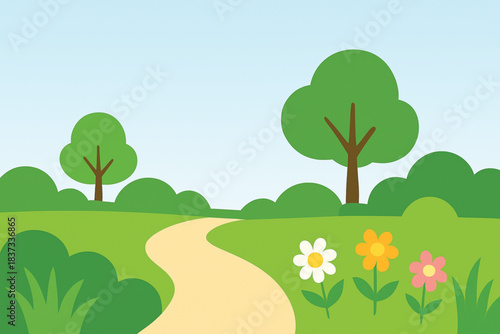 Vector garden scene with pathway and shrubs minimal style