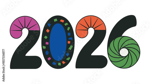 New Year 2026 Typography: A vibrant and creatively designed typographic illustration of the year 2026, showcasing playful fonts and bold colors.