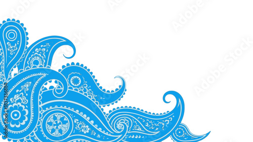 Blue intricate paisley pattern design with swirls and floral elements on a white background, forming a decorative corner motif.