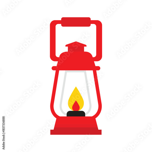 Red Kerosene Oil Lantern Vector Illustration with Burning Yellow Flame