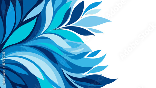 Abstract blue leaves and flowing shapes design on a white background, creating a decorative and artistic pattern.
