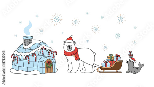 Winter Wonderland Delight: A polar bear, adorned with a festive scarf and hat, pulls a sled laden with holiday presents through a serene winter landscape. Adjacent.
