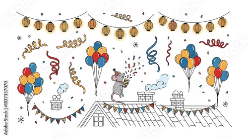 Festive Rooftop Celebration: A charming illustration showcases a joyful rooftop scene filled with balloons, garlands, and a spirited character, radiating a sense of celebration and festivity.