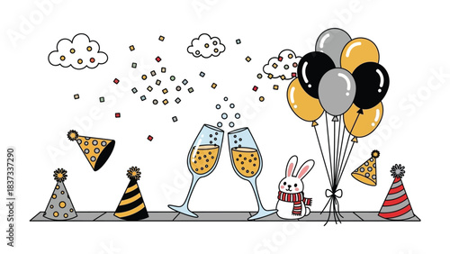 Champagne toast celebration with party hats and balloons: Celebrate with a festive champagne toast amidst party hats and balloons, symbolizing joy and togetherness.