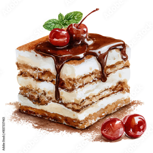 Watercolor illustration of Tiramisu Cake, vector artwork, isolated on white background.