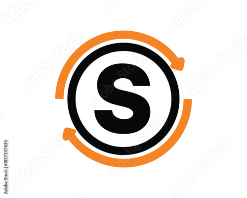 A stylized graphic featuring a prominent black letter S enclosed within concentric black and orange circular elements against a white background